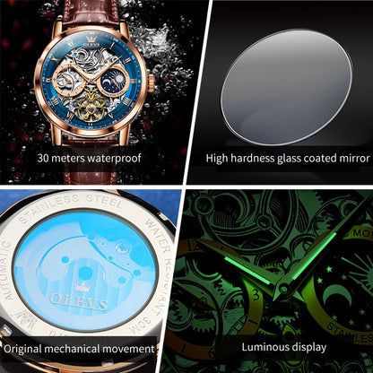 OLEVS Top Brand Men's Skeleton Mechanical Watch Waterproof Leather Strap Men Moon Phase Automatic Tourbillon Wristwatch for Men