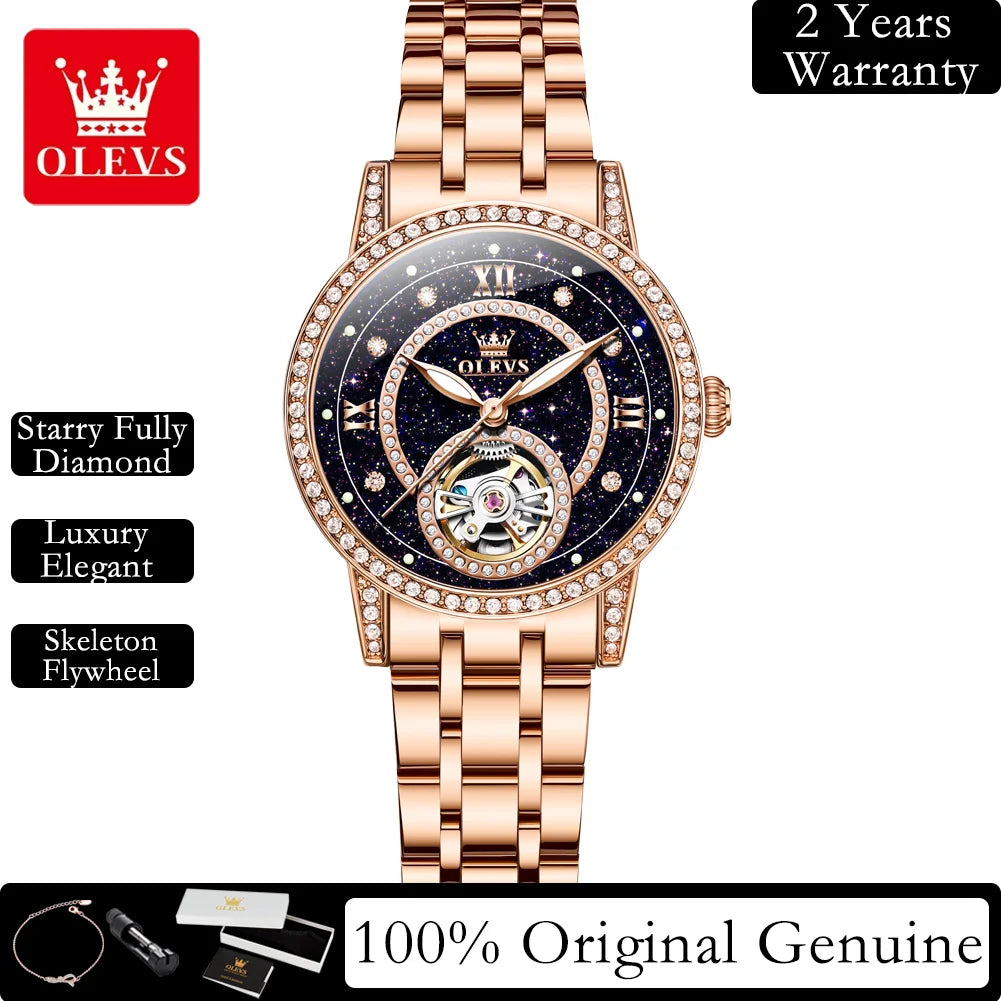 OLEVS Women's Watches Starry Sky Design Automatic Watch for Women Stainless Steel Flywheel Hollowed Ladies Mechanical Watch 7036