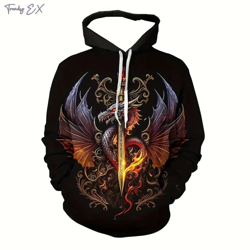 Sweatshirt Novo 3D com Gráfico de Dragão em Chamas Roxas, Capuz com Cordão, Bolso Canguru, Manga Comprida, Estilo Harajuku, para Homem