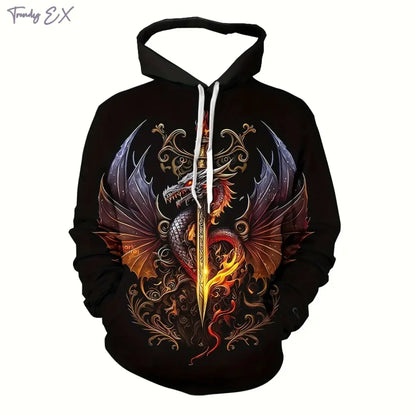 Sweatshirt Novo 3D com Gráfico de Dragão em Chamas Roxas, Capuz com Cordão, Bolso Canguru, Manga Comprida, Estilo Harajuku, para Homem
