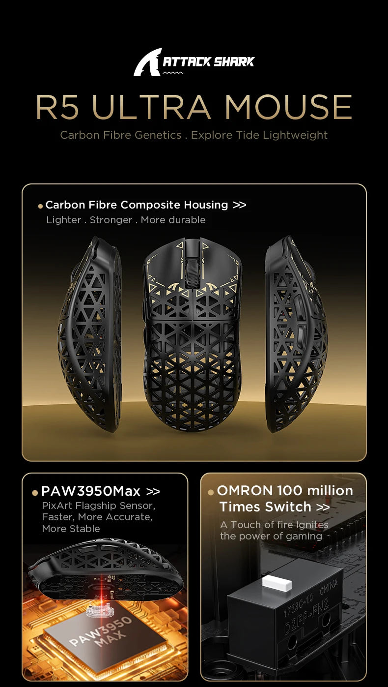 ATTACK SHARK R5 Ultra Carbon Fiber Wireless Gaming Mouse, 42g Lightweight Gaming Mouse, PAW3950MAX Sensor, 42000 DPI, 8000Hz, Tri-Mode Connectivity