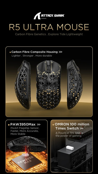 ATTACK SHARK R5 Ultra Carbon Fiber Wireless Gaming Mouse, 42g Lightweight Gaming Mouse, PAW3950MAX Sensor, 42000 DPI, 8000Hz, Tri-Mode Connectivity