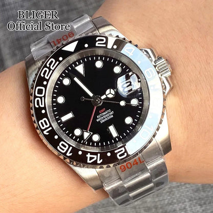 NH34A 200M Waterproof 40mm NH34 GMT Sapphire Luminous Automatic Movement Diving Watch Men Steel Bracelet Black Grey Insert