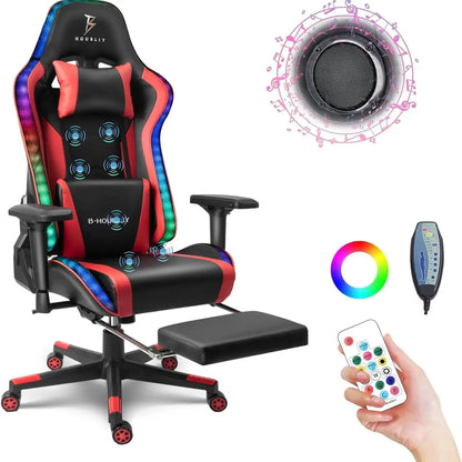 Cadeira Gaming de Massagem com Colunas e Luzes LED RGB, Cadeira Gaming Ergonómica para Computador com Apoio Lombar, Giratória e Ajustável