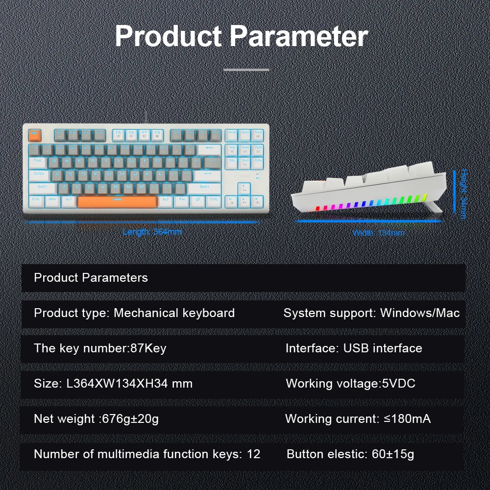 E-YOOSO K620 USB Mechanical Gaming Keyboard Wired Blue Red Switch Monochrome LED Backlit 87 Key for Compute Laptop PC