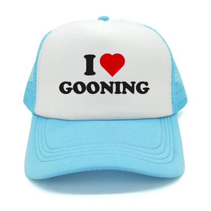 Sjove „I Love Gooning“-baseballkasketter – Cool sommerhat til mænd i netstof – Humoristisk truckerkasket – Unisex udendørs kasketter i netstof – MZ-080