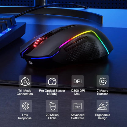 Redragon M693 Wireless Gaming Mouse 12800 DPI, 7 Programmable Buttons, 3-Mode Bluetooth & 2.4G Gaming Mouse