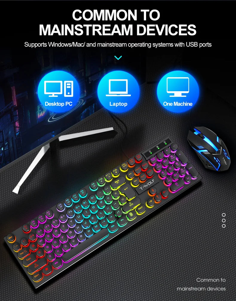 Typewriter style Mechanical feel Gaming Keyboard,Wired,RGB Backlit,Round Keycaps Mouse and Keyboard Bundle Waterproof 104-Key