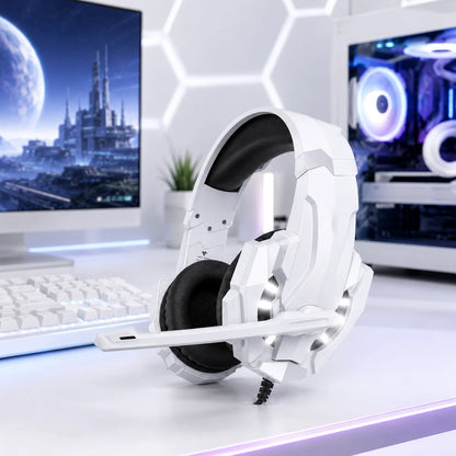 Casque de jeu G9000, casque supra-auriculaire filaire blanc avec microphone, éclairage LED, son stéréo pour PC, ordinateur portable et jeux vidéo.