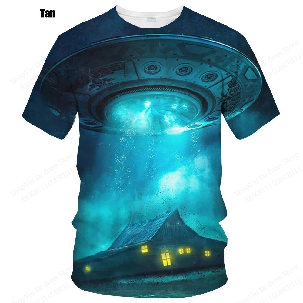 Summer UFO Alien 3d Print T-shirt Men Fashion Casual O-Neck Short Sleeve Tshirt Funny Mysterious Spaceship Tops Tees Men Clothes