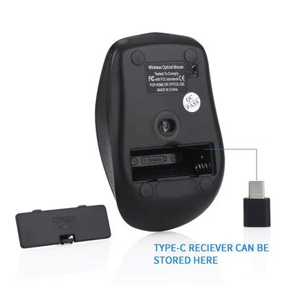 2.4G Wireless Mouse USB Type-C, Ergonomic Silent Wireless Mouse with 6 Buttons, Adjustable 800/1200/1600 DPI, Type-C Receiver for Laptop, PC & Mac