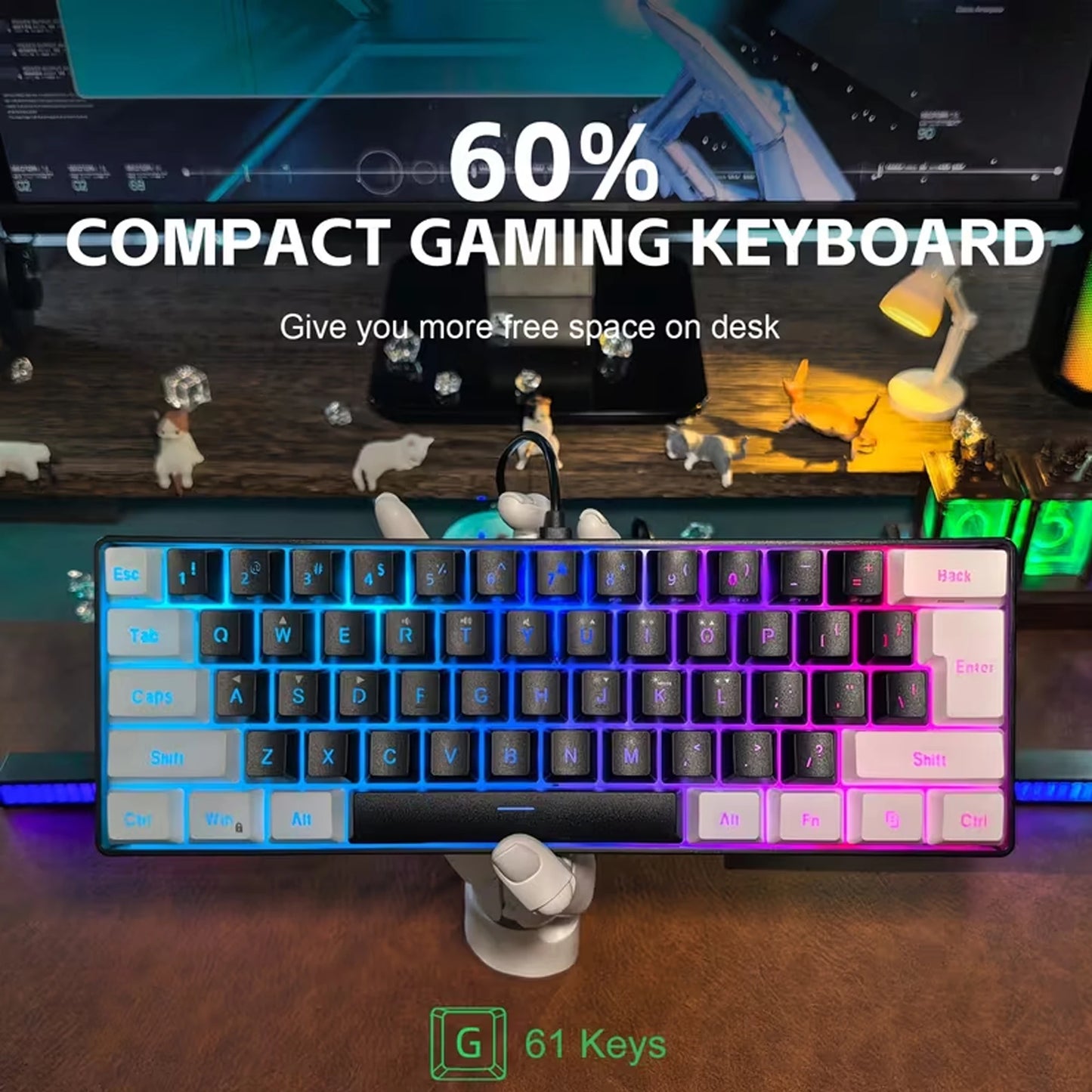 60% Gaming Keyboard Wired RGB Backlit Mini 61 Keys Membrane Keyboard Anti-Ghosting No-Conflict Ultra-Compact for Gamers
