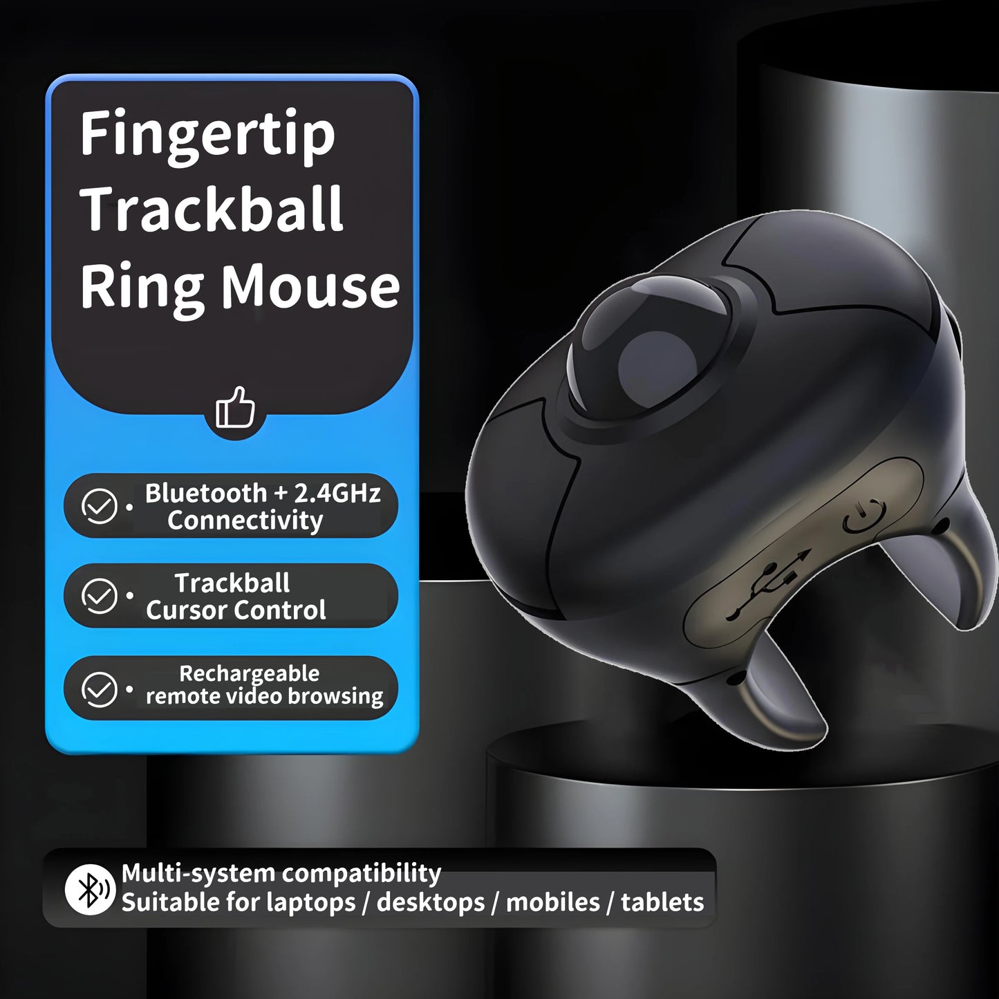 Trackball Finger Ring Mouse 2.4G + Bluetooth Wireless Remote Control Mouse for PPT, Presentations, Smart TV, Car Display & PC