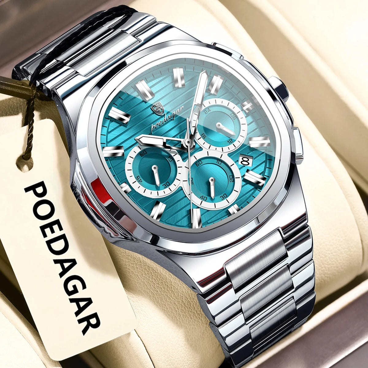 Montre-bracelet homme d'affaires POEDAGAR, chronographe avec date, étanche et lumineuse, de luxe, en acier inoxydable et à quartz.