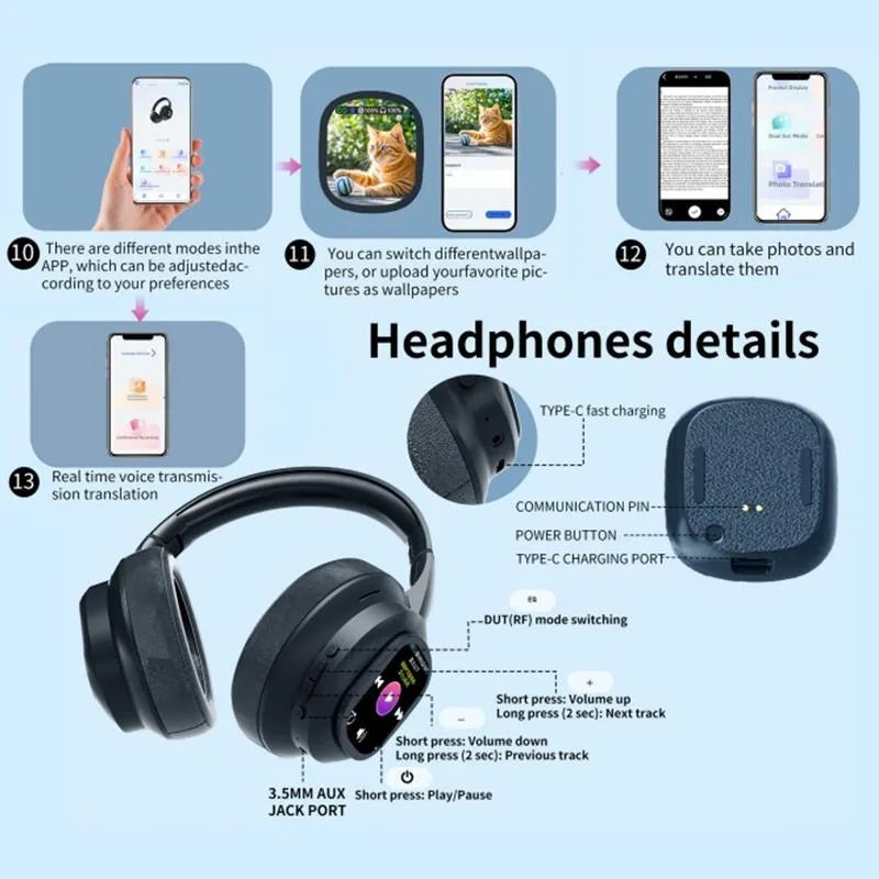 AI LCD Touch Screen Wireless Bluetooth Headphones – ANC Noise Cancelling Deep Bass Gaming Headset with HD Mic
