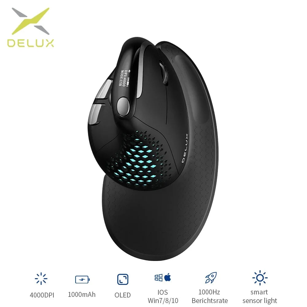 Delux M618XSD Seeker ergonominen pystysuuntainen hiiri OLED-näytöllä, 4000DPI, ladattava 1000mA akku, irrotettava takakansi tietokoneelle