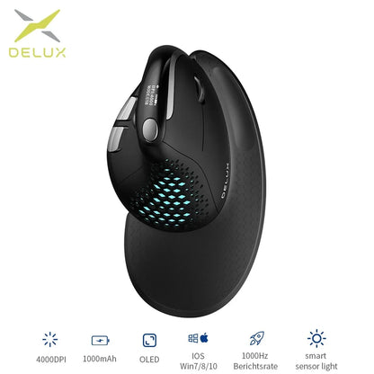 Delux M618XSD Seeker ergonominen pystysuuntainen hiiri OLED-näytöllä, 4000DPI, ladattava 1000mA akku, irrotettava takakansi tietokoneelle