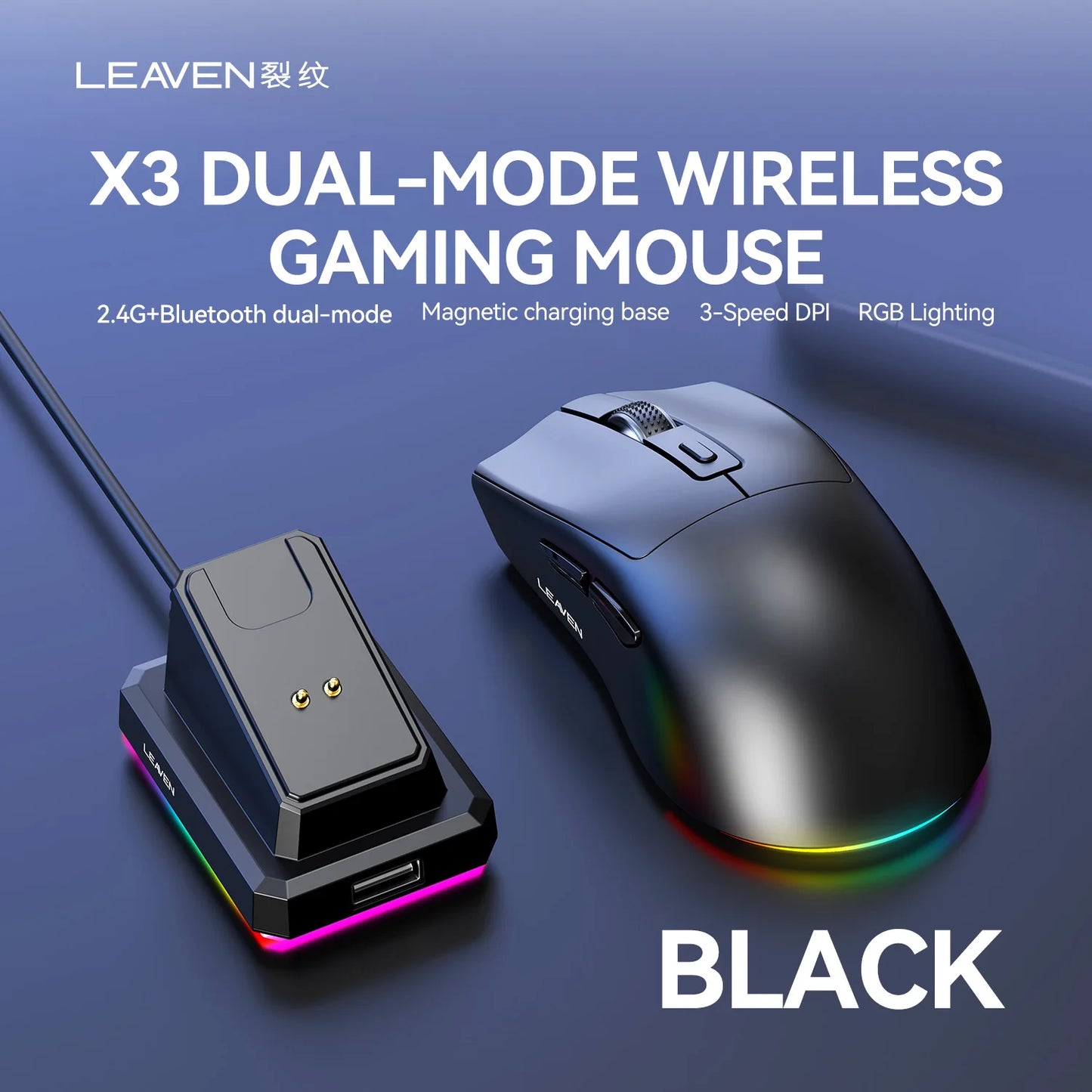 X3 Wireless Bluetooth Mouse Dual-Mode 2.4G Gaming Mouse, Rechargeable RGB Wireless Bluetooth Mouse with Adjustable DPI, Lightweight Ergonomic Mouse