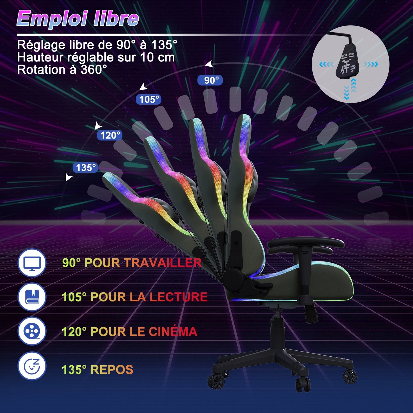 Ergonomic office chair with lumbar massage,LED RGB ambient lighting, and reclining backrest,  for home offices