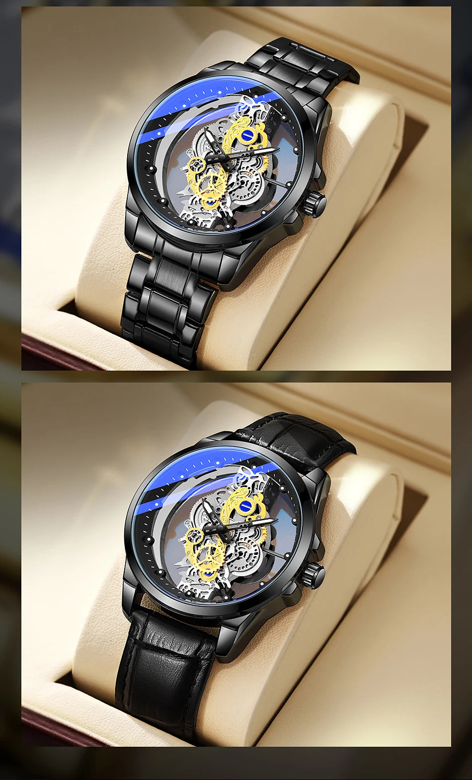 TPW Hot Trendy Fashion Wholesale Men Golden Black Blue Skeleton NOT Automatic Watch Quartz Wrist Watches Luxury 2024