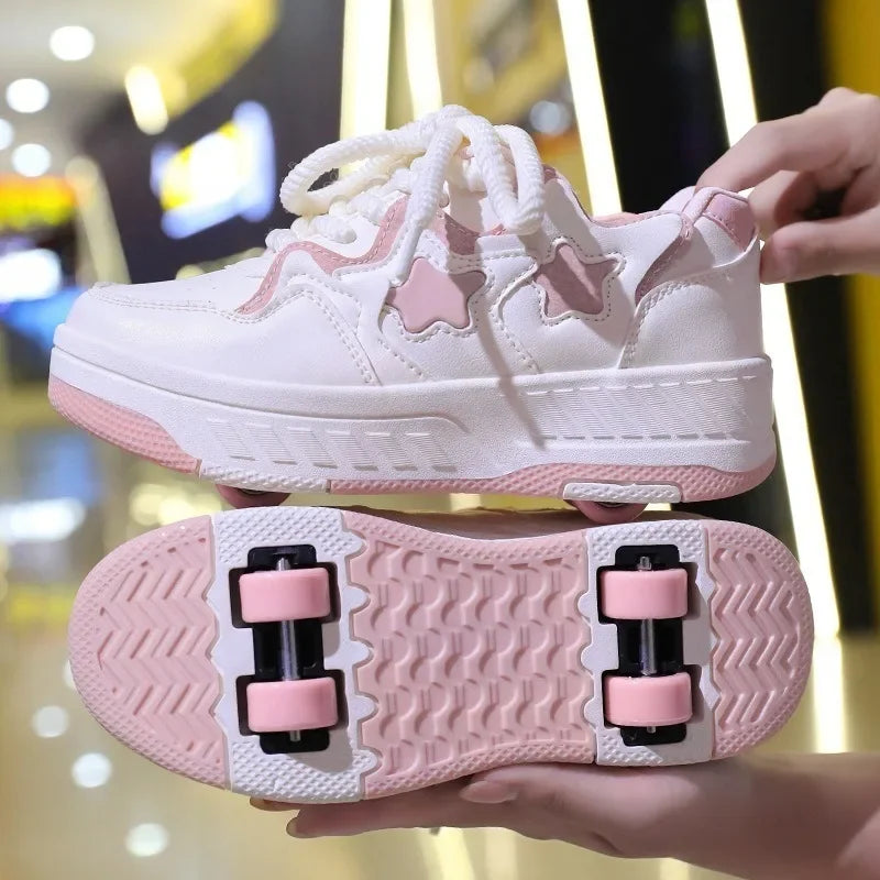 Chaussures de roller pour enfants - Roues rechargeables, couleurs tendance, finition brillante, pour les anniversaires, pour garçons et filles, chaussures décontractées deux-en-un