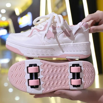 Chaussures de roller pour enfants - Roues rechargeables, couleurs tendance, finition brillante, pour les anniversaires, pour garçons et filles, chaussures décontractées deux-en-un