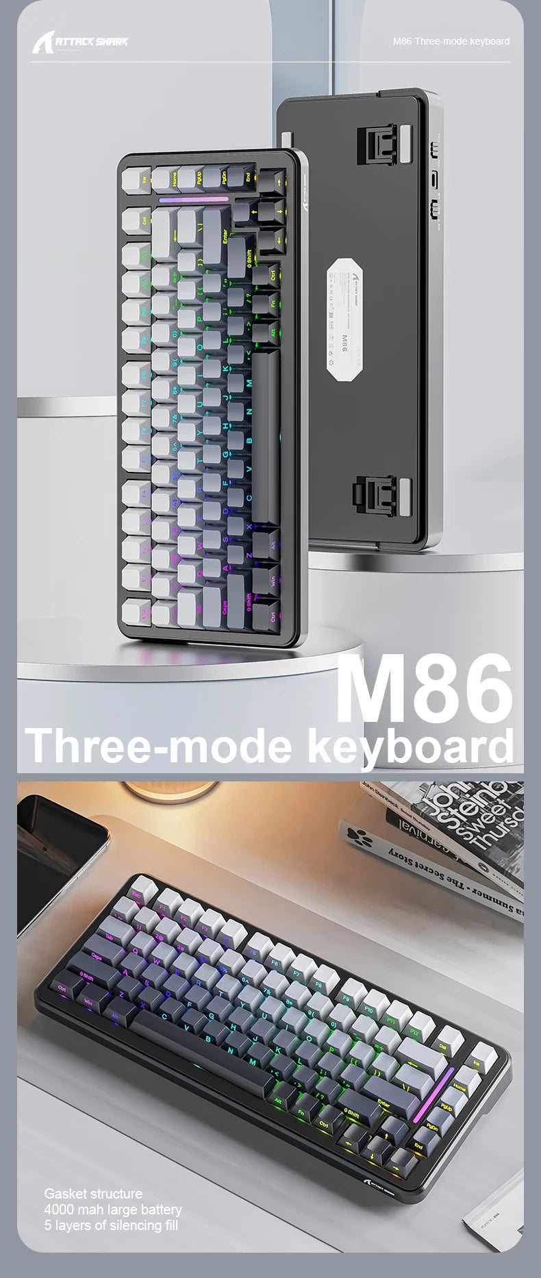 ATTACK SHARK M86 Wireless Mechanical Keyboard 75% Tri-Mode RGB Hot-Swappable Mechanical Keyboard with Side-Printed PBT Keycaps & 4000mAh Battery