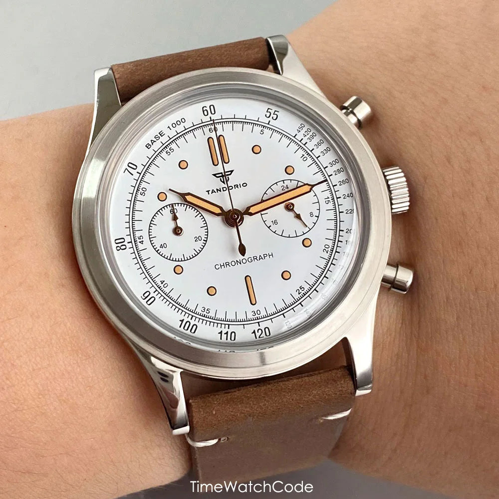 38mm Tandorio Retro Men's Watch Sport Watches Miyota OS20 Movement Chronograph Quartz Clock Black Dial Bubble Arched Glass