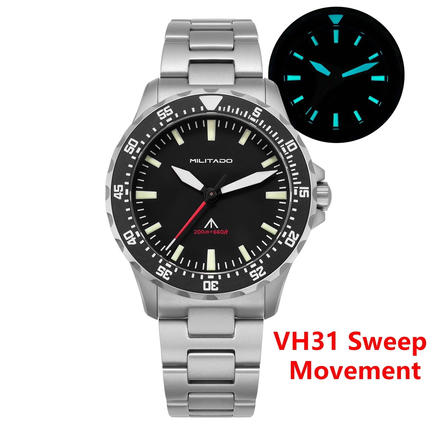 Militado ML16 Watch VH31 Sweep /515 Quartz Movement Sapphire Crystal BGW9 Luminous 200m Water Resistance 38mm Men's Vintage Wath
