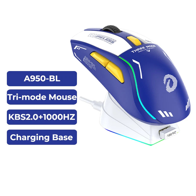 DAREU A950 Tri-Mode Wireless Gaming Mouse with Charging Dock, Bluetooth, 2.4G & Wired RGB Gaming Mouse, 12000 DPI Ergonomic Gaming Mouse for PC & Laptop