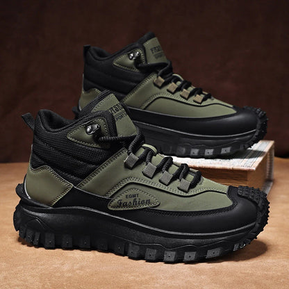 Botas de senderismo de caña media para hombre, en blanco y negro, de cuero impermeable, con plataforma, zapatillas antideslizantes para exterior, calzado informal con suela resistente