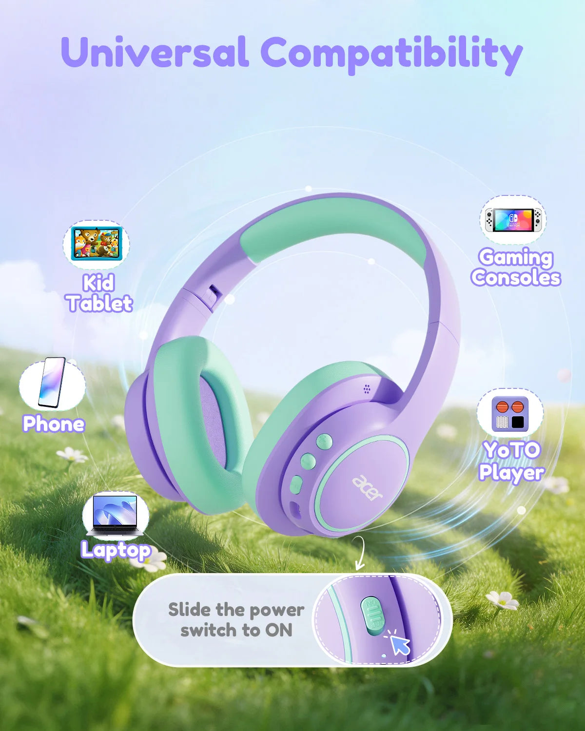 Acer Kids Bluetooth 6.0 Headphones with Mic, 75H Playtime, 85dBA Safe Volume Over-Ear Wireless Headphones, USB-C Fast Charging for iPad, Tablet & School