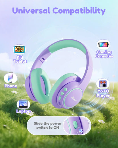 Acer Kids Bluetooth 6.0 Headphones with Mic, 75H Playtime, 85dBA Safe Volume Over-Ear Wireless Headphones, USB-C Fast Charging for iPad, Tablet & School