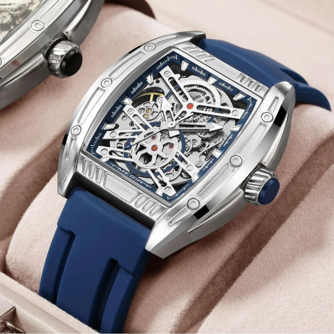 2026 Men's Automatic Mechanical Watch with Stainless Steel Case Silicone Band Skeleton Dial Waterproof Sport Wristwatch