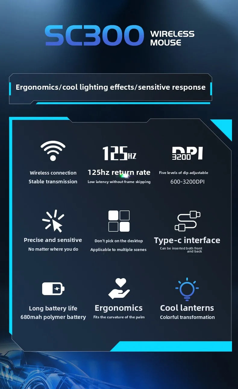 SC300 Wireless Mechanical Gaming Mouse, Rechargeable RGB Gaming Mouse with Adjustable DPI, Silent Ergonomic Wireless Mouse for PC, Laptop & Tablet