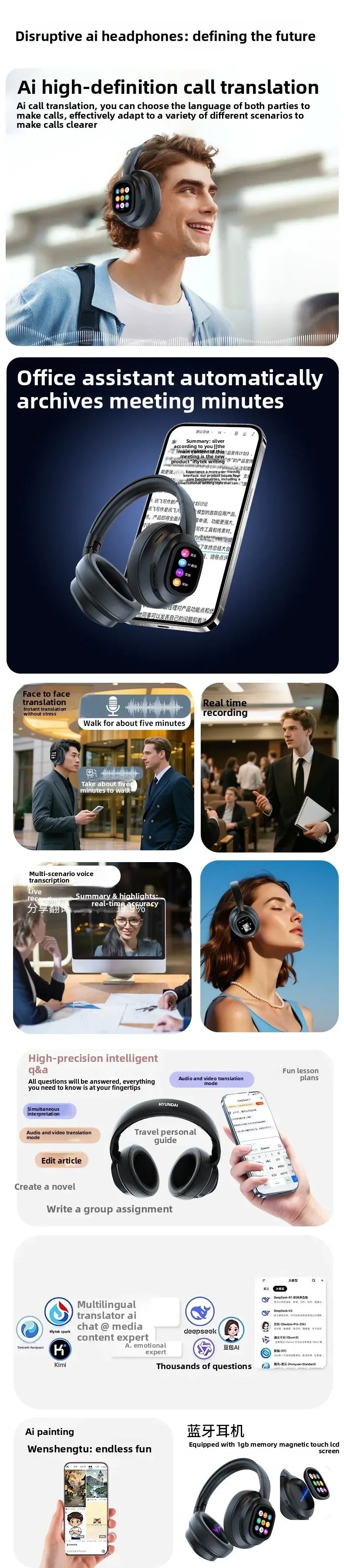 HYUNDAI X1PRO Wireless Bluetooth 6.0 AI Translation Earbuds – 100+ Languages, Touch Control LED Screen Noise Cancelling Headphones