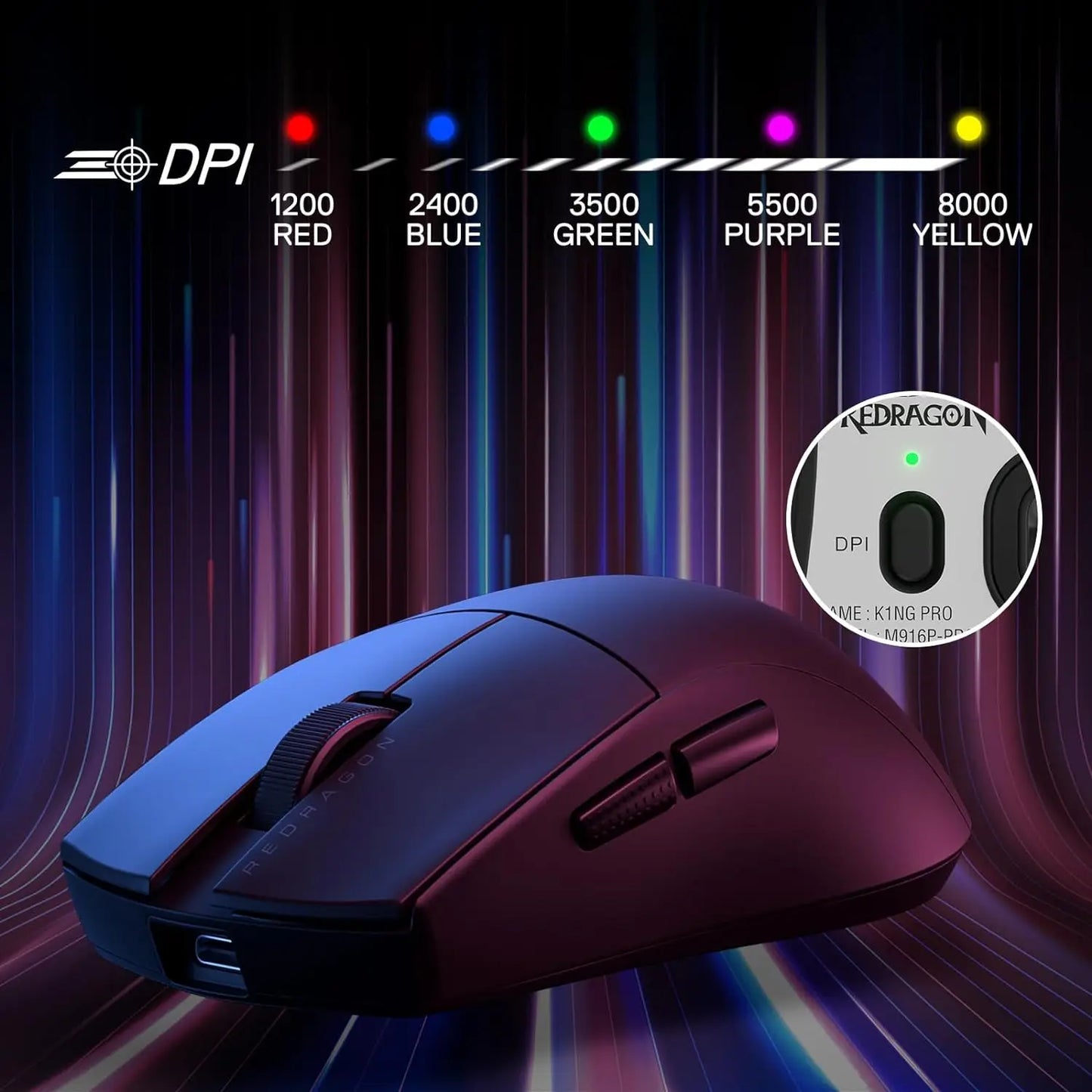 Mouse da gaming wireless Redragon M916, ultraleggero 49G, 8K DPI, 2.4G, con struttura ergonomica a presa naturale