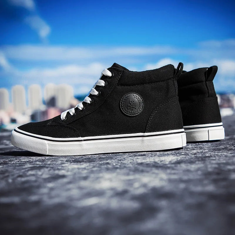 Baskets montantes en toile pour hommes, chaussures de Skate décontractées à lacets, toutes noires, pour étudiants, semelle plate, chaussures de Sport confortables