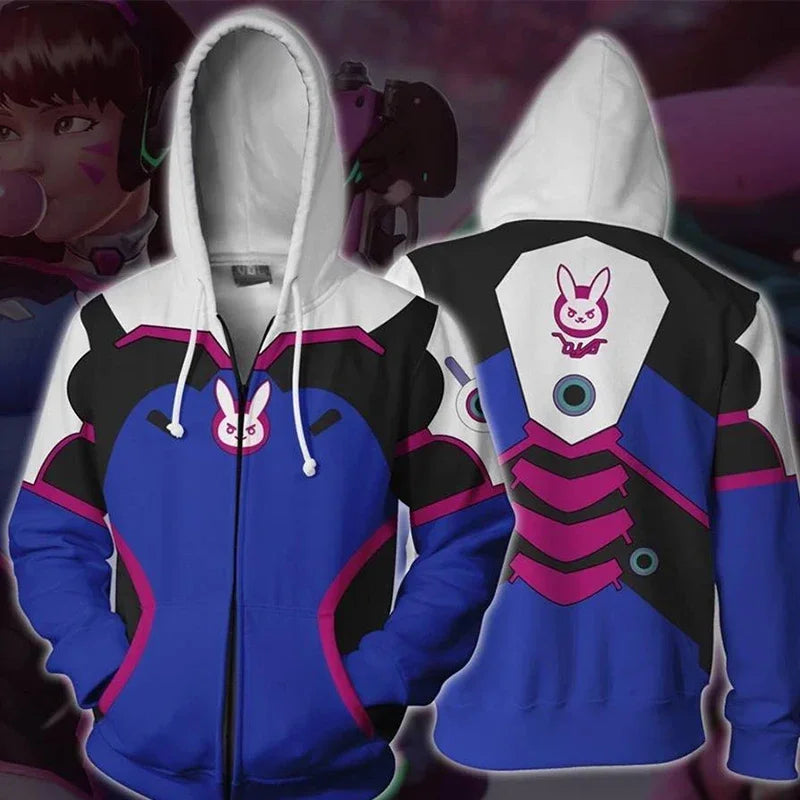 Sweatshirt com Capuz de Anime e Gaming com Impressão 3D Overwatches DVA DJ, Fato de Cosplay, Casaco com Capuz para Mulher, Homem e Casal, Top de Vestuário