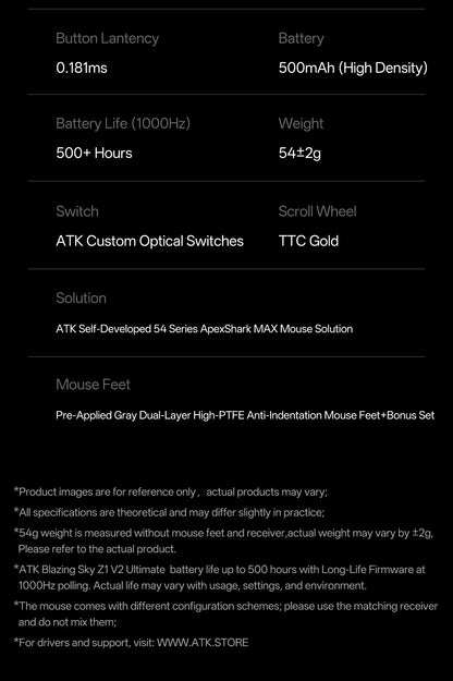 ATK Blazing Sky Z1 Series Wireless Gaming Mouse 8K, PAW3950 Ultra, Dual Mode, Lightweight Esports Mouse with Low Latency