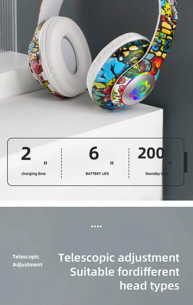 Auriculares gaming Bluetooth inalámbricos New Graffiti LX-8686 con micrófono, luz LED, compatibilidad con tarjeta TF, graves profundos y diseño circumaural para PC, gaming y niños