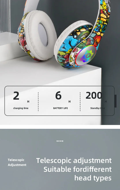 Auriculares gaming Bluetooth inalámbricos New Graffiti LX-8686 con micrófono, luz LED, compatibilidad con tarjeta TF, graves profundos y diseño circumaural para PC, gaming y niños