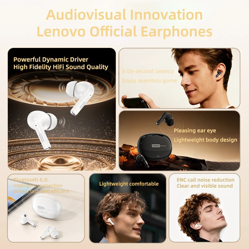 Lenovo LE257 TWS Wireless Bluetooth 6.0 Headphones with HiFi Sound, ENC Noise Reduction, Gaming Earbuds with Mic, Sports Waterproof Headset