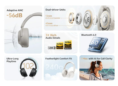 QCY H3S ANC Over-Ear Headphones Bluetooth 6.0 – Hi-Res LDAC Spatial Audio, -56dB Adaptive Noise Cancelling Wireless Headset
