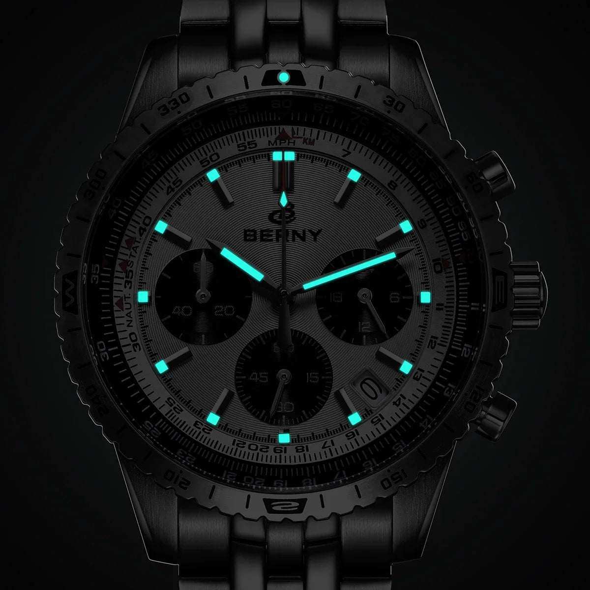 Męski zegarek chronograf BERNY – wielofunkcyjny zegarek kwarcowy w stylu lotniczym, wyposażony w datownik, szafirowe szkło i doskonałą luminescencję – luksusowy męski zegarek na rękę
