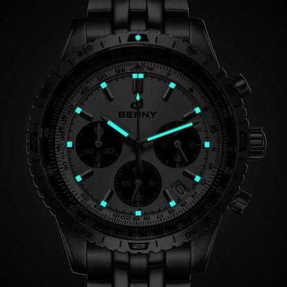 Męski zegarek chronograf BERNY – wielofunkcyjny zegarek kwarcowy w stylu lotniczym, wyposażony w datownik, szafirowe szkło i doskonałą luminescencję – luksusowy męski zegarek na rękę