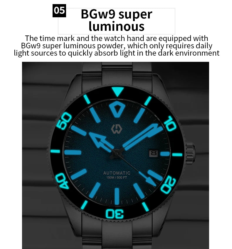Upgraded Model Men's Automatic Watch Mechanical 3D Dimensional Luminous Watch Needle Ceramic Bezel 150 Meters Waterproof Diving