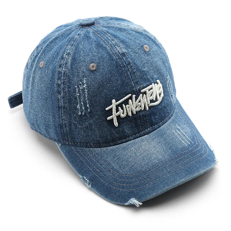 Cappellino da uomo in denim lavato stile retrò giapponese con lettere ricamate, per sport all’aperto, viaggi e protezione dal sole, cappellino da baseball classico, versatile e comodo