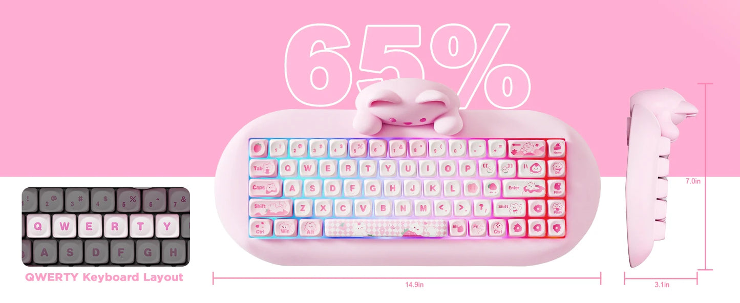 YUNZII C68 Pink 65% Hi-Fi Cute Cat Silicone Hot Swap NKRO  Ergonomic Wireless BT5.0/2.4G/Wired RGB Mechanical Gaming Keyboard