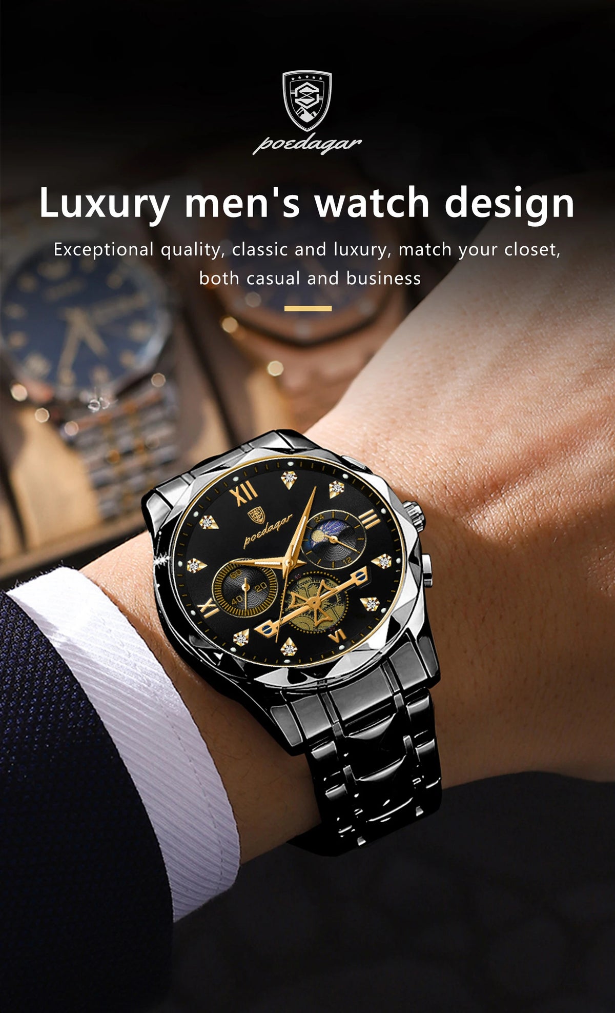 POEDAGAR Top High Quality Man Wristwatch Stainless Steel Chronograph Business Men Watch Waterproof Luminous Quartz Men's Watches